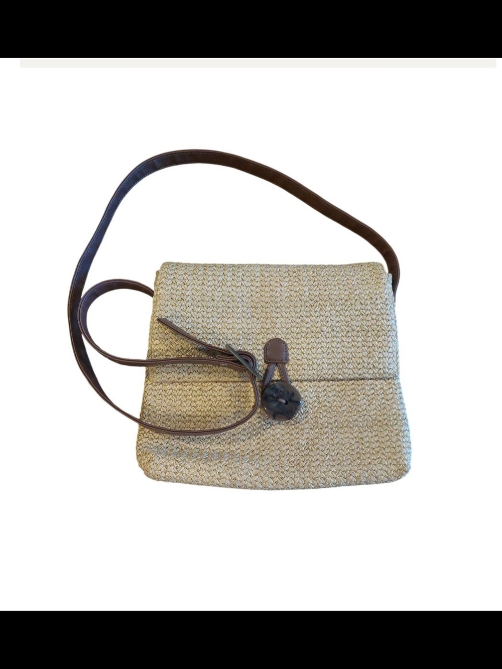 Amanda Smith Beige Woven Crossbody with Brown Trim